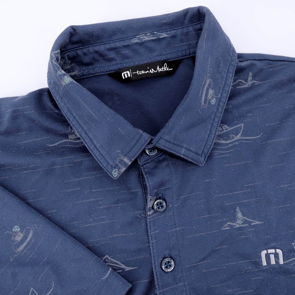 Travis Mathew Mountain Boat Print Pima Performance Polo Shirt Blue Mens Medium